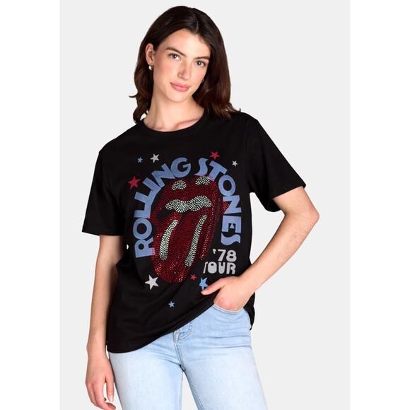 NWT Rolling Stones Embellished T-Shirt /Women's 4/6 Small Black Cotton Blend - Picture 1 of 8
